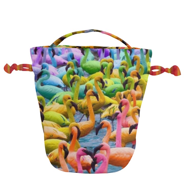 Rainbow Flamingos Drawstring Bucket Bag