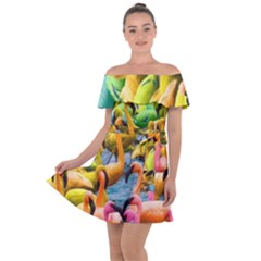 Rainbow Flamingos Off Shoulder Velour Dress