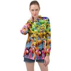 Rainbow Flamingos Long Sleeve Satin Shirt