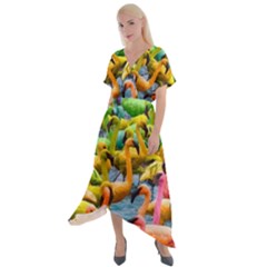 Rainbow Flamingos Cross Front Sharkbite Hem Maxi Dress