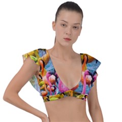 Rainbow Flamingos Plunge Frill Sleeve Bikini Top by Sparkle