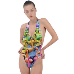 Rainbow Flamingos Backless Halter One Piece Swimsuit by Sparkle