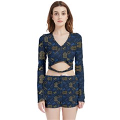 Tribal Festive Folk Pattern Velvet Wrap Crop Top And Shorts Set