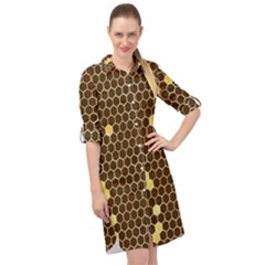 Gold Honeycomb On Brown Long Sleeve Mini Shirt Dress by Angelandspot
