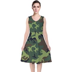 Forest Camo Pattern, Army Themed Design, Soldier V-neck Midi Sleeveless Dress  by Casemiro