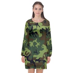 Forest Camo Pattern, Army Themed Design, Soldier Long Sleeve Chiffon Shift Dress  by Casemiro