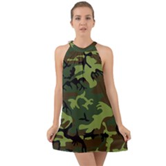 Forest Camo Pattern, Army Themed Design, Soldier Halter Tie Back Chiffon Dress by Casemiro