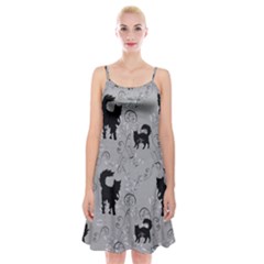 Grey Black Cats Design Spaghetti Strap Velvet Dress