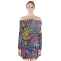 Abstract Marbling Long Sleeve Off Shoulder Dress by kaleidomarblingart