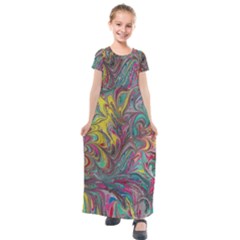 Abstract Marbling Kids  Short Sleeve Maxi Dress by kaleidomarblingart
