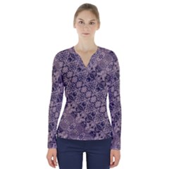 Violet Textured Mosaic Ornate Print V-neck Long Sleeve Top by dflcprintsclothing