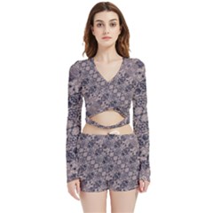 Violet Textured Mosaic Ornate Print Velvet Wrap Crop Top And Shorts Set by dflcprintsclothing