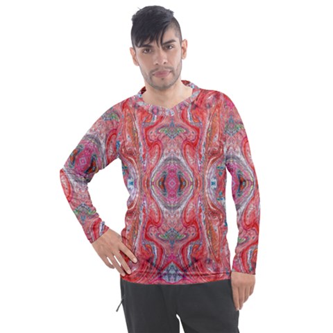 Intricate Red Marbling Men s Pique Long Sleeve Tee by kaleidomarblingart