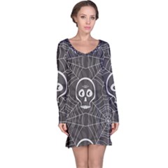 Skull And Spider Web On Dark Background Long Sleeve Nightdress by FloraaplusDesign