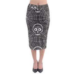 Skull And Spider Web On Dark Background Midi Pencil Skirt