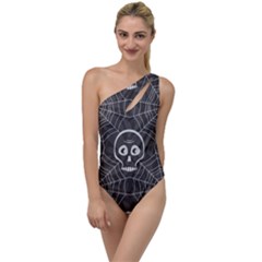 Skull And Spider Web On Dark Background To One Side Swimsuit by FloraaplusDesign