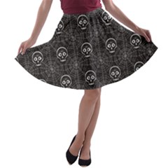 Skull And Spider Web On Dark Background A-line Skater Skirt by FloraaplusDesign