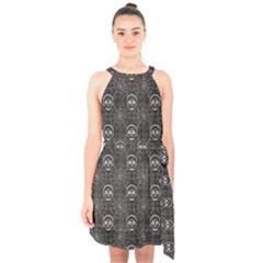 Skull And Spider Web On Dark Background Halter Collar Waist Tie Chiffon Dress