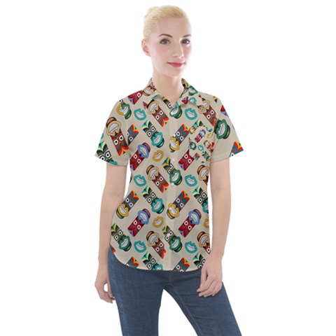 Ethnic Tribal Masks Women s Short Sleeve Pocket Shirt by tmsartbazaar