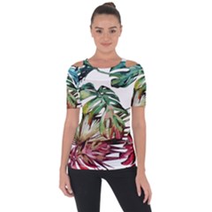 Watercolor Monstera Leaves Shoulder Cut Out Short Sleeve Top by goljakoff
