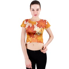 Autumn Leaves Pattern Crew Neck Crop Top by designsbymallika