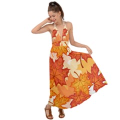 Autumn Leaves Pattern Backless Maxi Beach Dress by designsbymallika