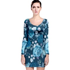 Blue Floral Print  Long Sleeve Velvet Bodycon Dress