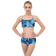 Blue Floral Print  Layered Top Bikini Set by designsbymallika