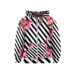 Pink Floral Stripes Kids  Zipper Hoodie by designsbymallika