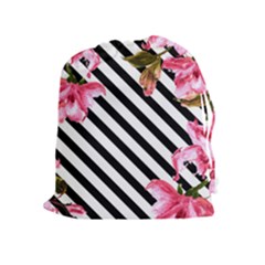 Pink Floral Stripes Drawstring Pouch (xl) by designsbymallika