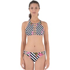 Pink Floral Stripes Perfectly Cut Out Bikini Set by designsbymallika