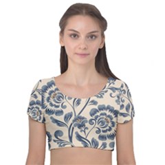 Baatik Print 5 Velvet Short Sleeve Crop Top  by designsbymallika