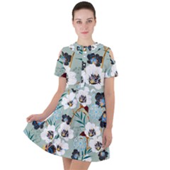 Black White Floral Print Short Sleeve Shoulder Cut Out Dress  by designsbymallika