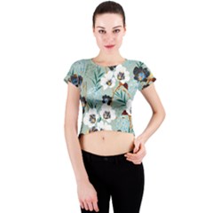 Black White Floral Print Crew Neck Crop Top by designsbymallika