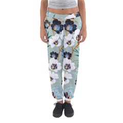 Black White Floral Print Women s Jogger Sweatpants by designsbymallika