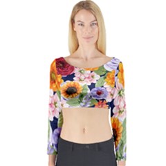 Watercolor Print Floral Design Long Sleeve Crop Top by designsbymallika