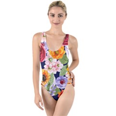 Watercolor Print Floral Design High Leg Strappy Swimsuit by designsbymallika