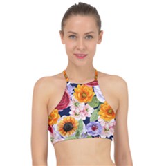 Watercolor Print Floral Design Racer Front Bikini Top by designsbymallika