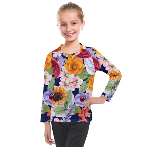 Watercolor Print Floral Design Kids  Long Mesh Tee by designsbymallika