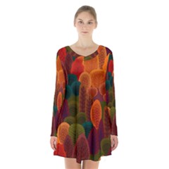 Autumn Trees Long Sleeve Velvet V-neck Dress by designsbymallika