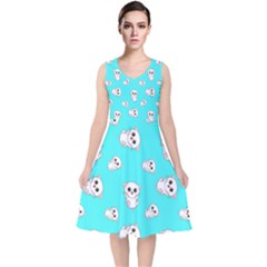Azure Blue And Crazy Kitties Pattern, Cute Kittens, Cartoon Cats Theme V-neck Midi Sleeveless Dress  by Casemiro