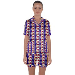 Colorful Triangles Pattern, Retro Style Theme, Geometrical Tiles, Blocks Satin Short Sleeve Pyjamas Set by Casemiro