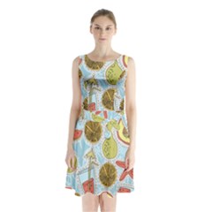 Tropical pattern Sleeveless Waist Tie Chiffon Dress