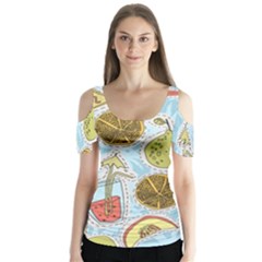 Tropical pattern Butterfly Sleeve Cutout Tee 