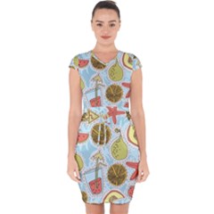 Tropical pattern Capsleeve Drawstring Dress 