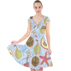 Tropical Pattern Cap Sleeve Front Wrap Midi Dress by GretaBerlin