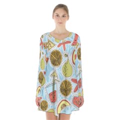 Tropical pattern Long Sleeve Velvet V-neck Dress