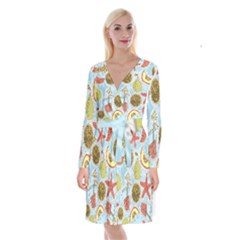 Tropical pattern Long Sleeve Velvet Front Wrap Dress