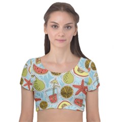 Tropical pattern Velvet Short Sleeve Crop Top 