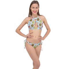 Tropical pattern Cross Front Halter Bikini Set